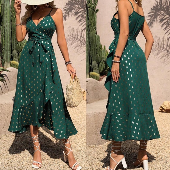 Boho gold polka dots wrap maxi dress - Picture 1 of 7